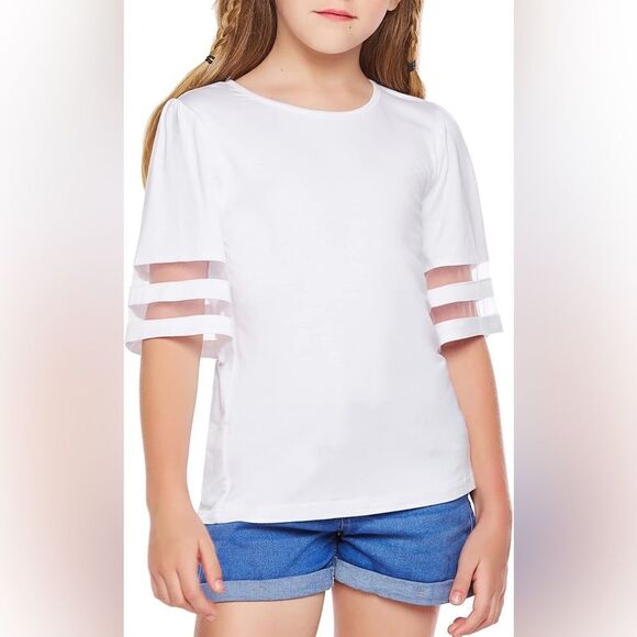 🤯5/$20🤯 Girls’ Short Sleeve White T-Shirt With Flare Mesh Sleeves 3-4T NWT - Picture 1 of 7